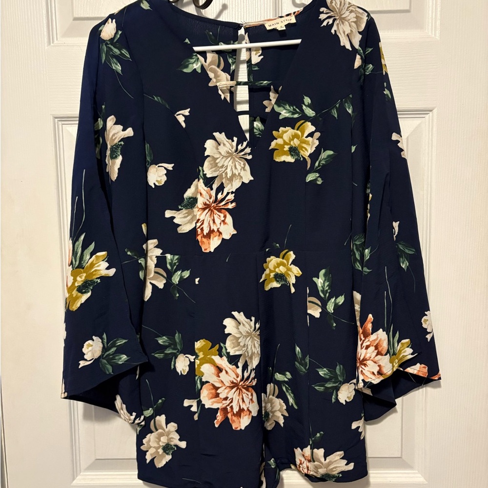 Floral Navy Romper with Bell Sleeves